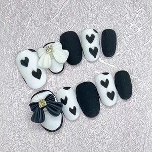 Matte Black and White Bowtie Heart Press On Nails/ Big Bowtie Fake Nails/ Black and White Bow Nails/ Heart Nails/ Elegant Nails #216