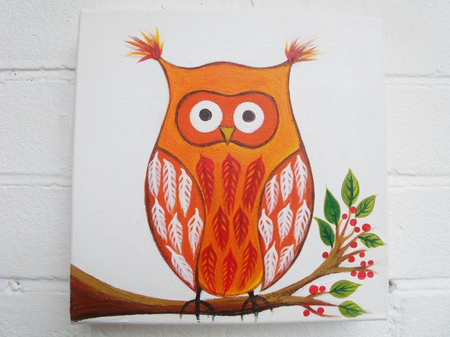 Owl painting. Friendly orange owl. Original painting, baby shower, child's room decor. Gift for 