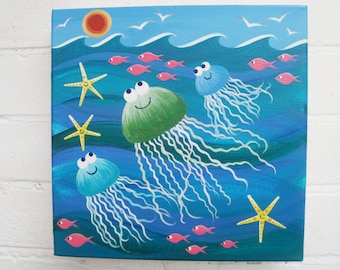 Jellyfish painting. Jellyfish in the sea. Original painting, baby shower, child's room decor, ocean theme decor. Folk art illustration.
