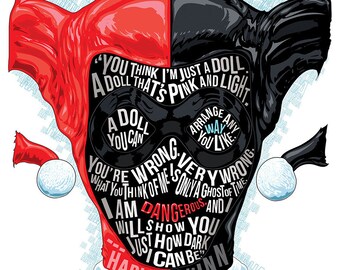 Harley Quinn Famous Hair Lines print, typography and illustration mix, comic book fan art, 12 x 16", unique poster, Batman gift