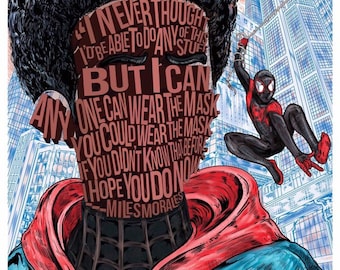 Miles Morales Famous Hair Lines print, typography and illustration, comic fan art, 13 x 19",  11x 17", unique poster, Spider Verse fan gift