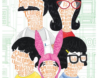 Belcher Family Famous Hair Lines print, typography and illustration mix, fan art, 16 x 20" or 12 x 16", unique poster /  Bob's Burgers gift