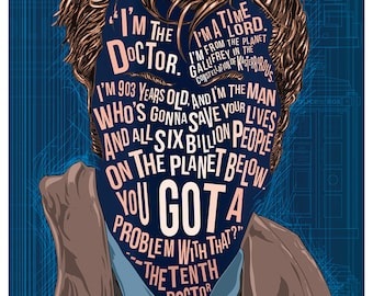 The 10th Doctor David Tennant Famous Hair Lines print, typography and illustration mix, fan art, 11 x 17", unique poster and Doctor Who gift