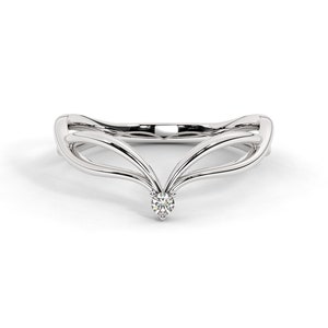 14k Diamond Chevron V Ring / Curved Minimalist Solid Gold Diamond Wave Band