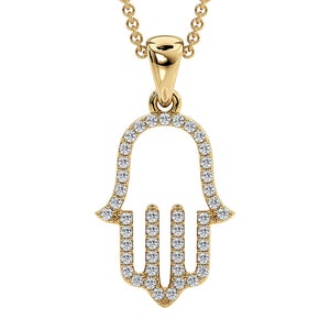 14k Diamant Hamsa Halskette, Gold Auge Halskette, Massiv Gold Hand Der Fatima Anhänger