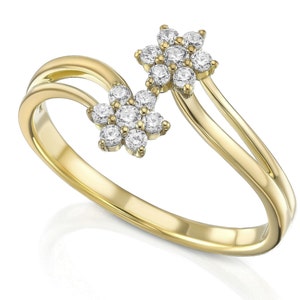 Diamond cluster ring / 14k gold Double Flower Ring, 14k solid Gold Flower Diamond Ring