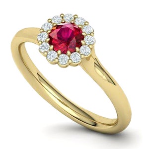 Ruby Diamond Halo Ring / 14k Solid Gold Ruby Engagement Ring