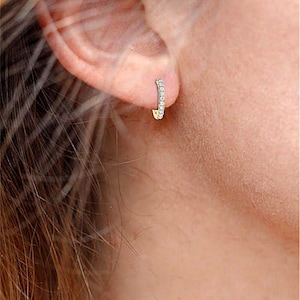 14k Gold Diamond Huggie Hoop earrings with 1.5mm diamonds / Huggie Row Earrings / diamond Earrings
