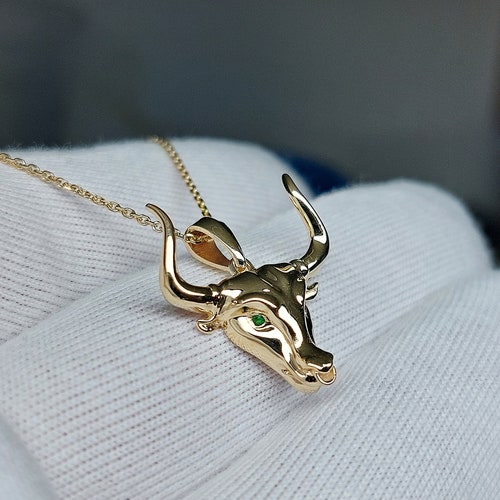 14k Gold Bull Necklace Taurus Pendant Set With Emeralds Eyes | Etsy