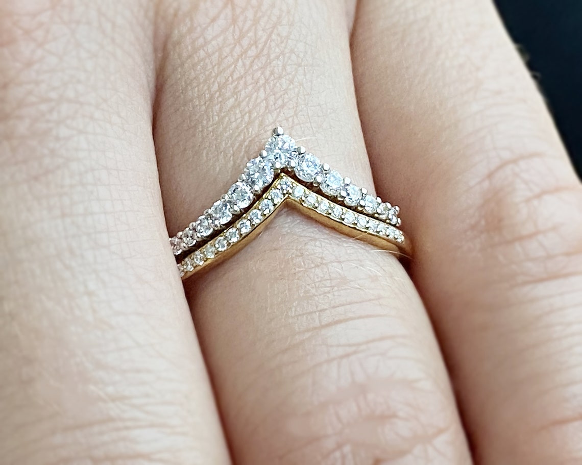 Diamond Crown Chevron Ring 14k Solid Gold Princess Tiara - Etsy