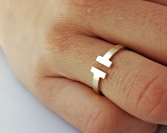 14k Double Bar Ring, Solid Gold Open Front T Ring