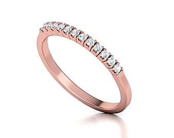 Rose Gold Diamond Half Eternity Ring / 14k Solid Gold Micro Pave Wedding Ring / Stacking Band