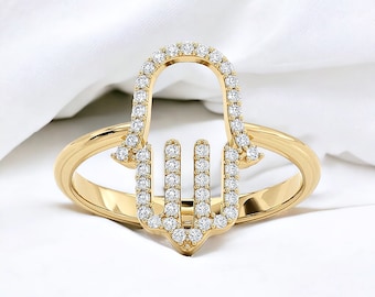 Anillo Hamsa de diamantes de 14k, anillo de oro con el ojo turco, anillo de oro macizo de la Mano de Fátima