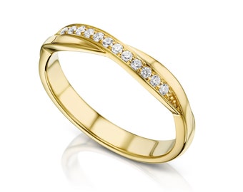 Crossover Diamond Ring, Diamond Wave Ring, Micro Pave diamond Wedding Band