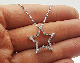 Diamond star Necklace,  14k gold star necklace, solid gold star pendant, 14k gold star Charm necklace set with 50 diamonds