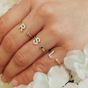 Birthstone Initial Ring With Diamonds, Letter Open Front Alphabet Ring With Birthday Gemstone