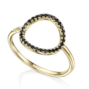 Open Circle Black Diamond Ring set in 14k 18k gold ring