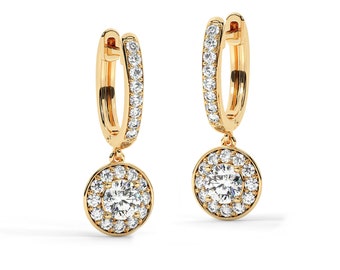 Diamond Drop Earrings / Dangle Diamond Hoop Earrings / 14K Drop Huggies Earrings Set With Moissanite In the Center