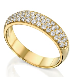 3 Row Diamond Wedding Ring, Micropave Gold Eternity Diamond Band