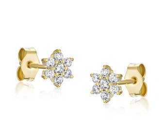 14k Diamond Stud Flower Earrings, Diamond cluster Earrings