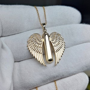 14k Angel Wings Urn Cylinder Necklace / Solid Gold memorial ashes charm pendant