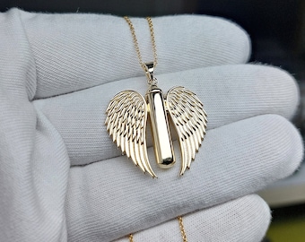 14k Angel Wings Urn Cylinder Necklace / Solid Gold memorial ashes charm pendant