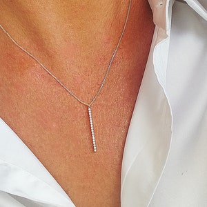 Diamond Bar Necklace, Solid Gold Vertical Diamond Bar pendant Set with 0.18ct Diamonds