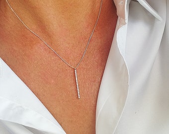 Diamant-Bar-Halskette, vertikaler Diamantbarrenanhänger aus massivem Gold, besetzt mit 0,18 Karat Diamanten