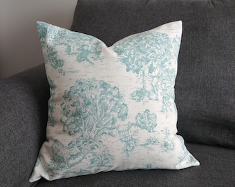 Teal Toile Pillow Cover, Aqua French Style Fabric Cushion Cover, Country Scene, pastoral print, turquoise and creamy white