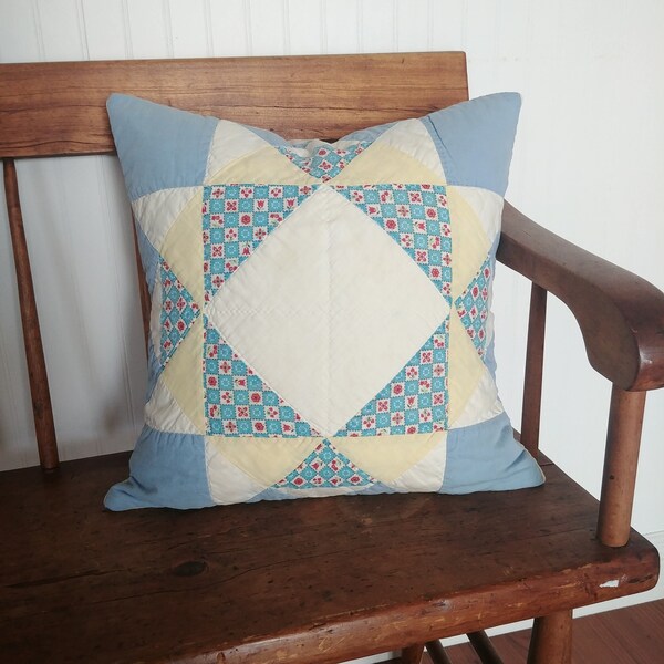 Vintage Quilt Pillow Cover in Blue and Yellow Patchwork