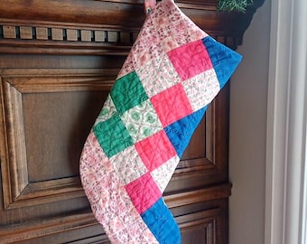 Quilt Stocking in Red, Blue and Green Patchwork, Repurposed Vintage Quilt, 18 inch