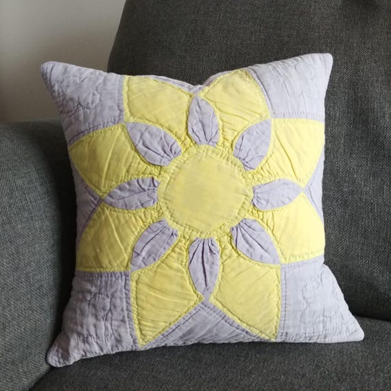 Shabby Vintage Quilt Pillow Cover in Lavender and Yellow,  Easter and Spring Decor, Mother's Day Gift, Daffodil Patchwork Cushion Cover