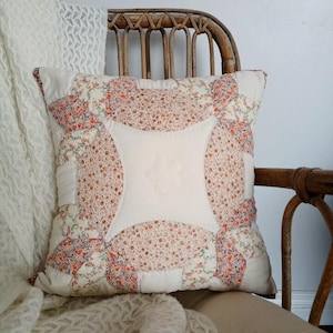 Quilted Pillow Cover in Beige, Burnt Orange and Brown Patchwork, Vintage Fabrics Cushion Cover, 16 x 16 inch