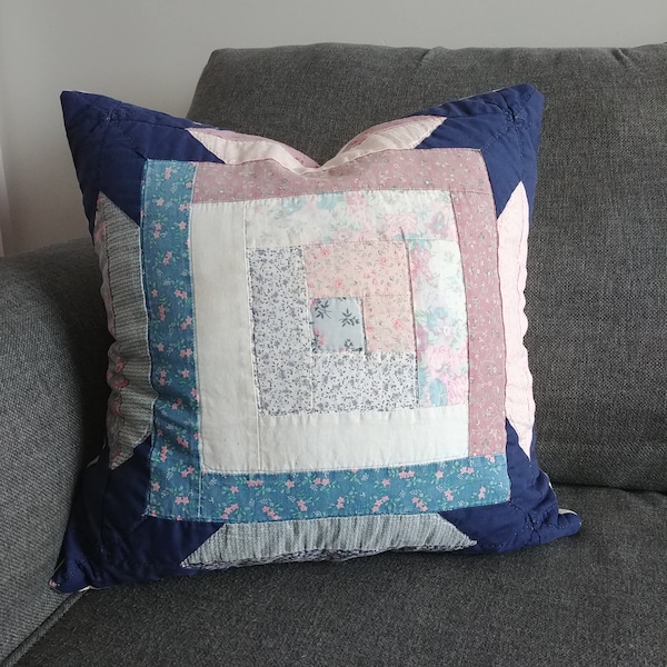 Old Quilt Pillow Cover, Log Cabin Patchwork in Navy and Rose Pink