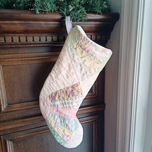 Shabby Quilt Stocking in Pinks and White, Vintage Quilt Holiday Decor, Little Girl Gift
