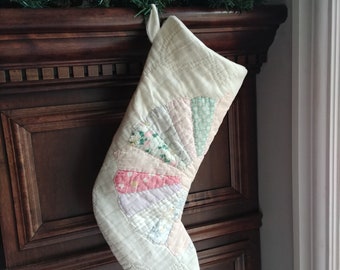 Shabby Quilt Christmas Stocking, Repurposed Vintage Quilt Holiday Decor in Peach, Cream, and Pastels,