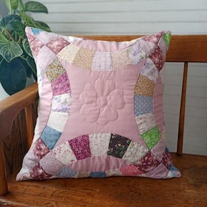 Quilted Pillow Cover Made from Vintage Patchwork, Rose Mauve Patchwork Cushion Cover, 18 x 18 inch
