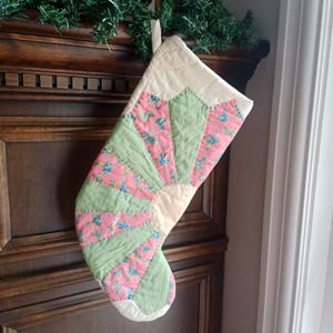 Quilted Christmas Stocking in Rose and Sage Green Patchwork, 18 inch