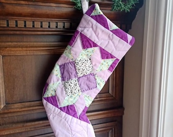 Quilted Stocking in Purple Vintage Patchwork, Holiday Decor, 18 inch