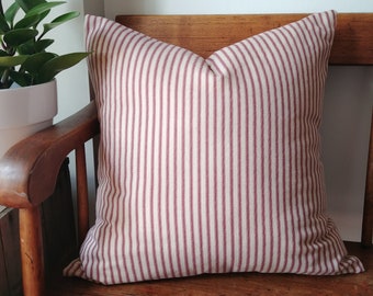 Red and Cream Ticking Pillow Cover, cranberry and off white striped cushion cover