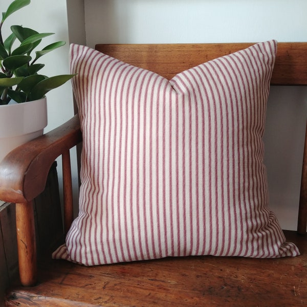 Red and Cream Ticking Pillow Cover, cranberry and off white striped cushion cover