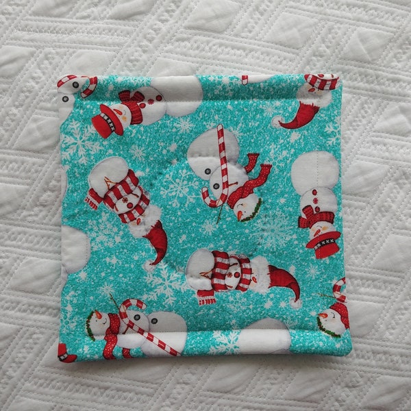 Christmas snowman potholder, Aqua table linens for holiday, snowmen in santa hats design, turquoise hot pad, gift for mom, hand quilted