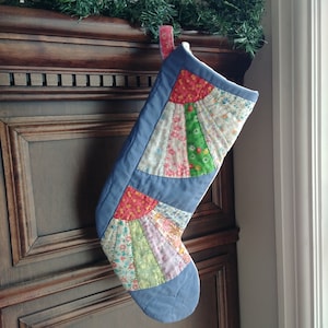 Quilted Christmas Stocking, Blue and Red Vintage Patchwork Holiday Stocking, 18 inch Gender Neutral