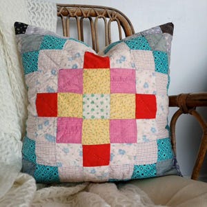 Patchwork Pillow Cover from a Vintage Quilt, Red and Turquoise Cushion, Cottage and Rustic Cabin