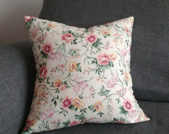 Floral Pillow Cover in Coral, Rose, Yellow and Green, vintage fabric cushion cover