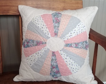 Quilt Pillow Cover, recycled quilts toss cushion cover, coral, peach and blue