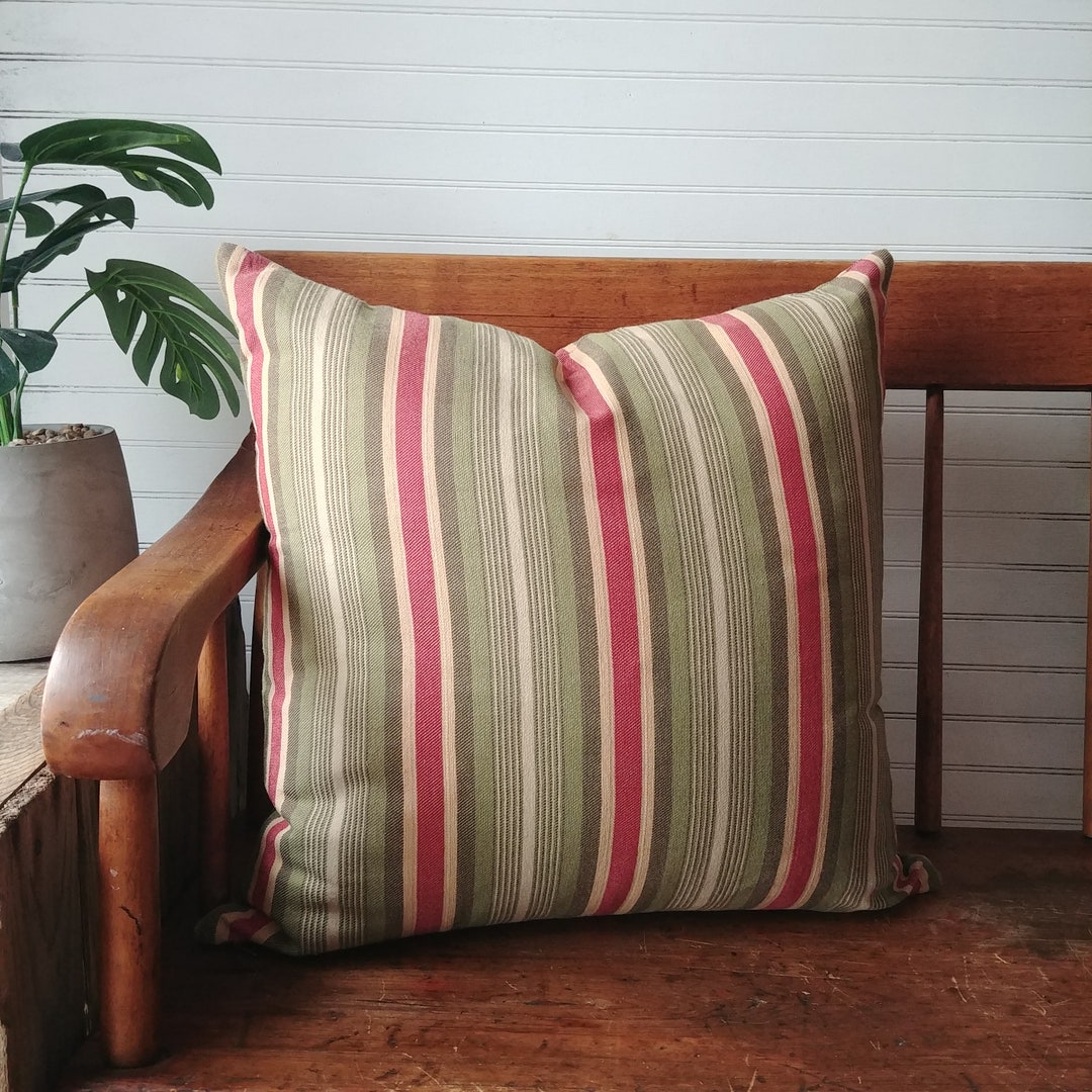 Green and Red Striped Pillow Cover, Primitive Cushion Cover for