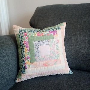 Quilted Pillow Cover in Sage and Peach Patchwork, Log Cabin Pattern, Repurposed Vintage Quilt, 12 x 12 inches