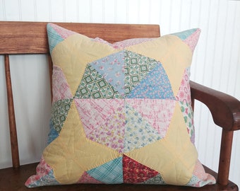 Vintage Quilt Pillow Cover, Shabby Repurposed Cushion Cover in Pastel Colours, Butter Yellow and Summer Shades