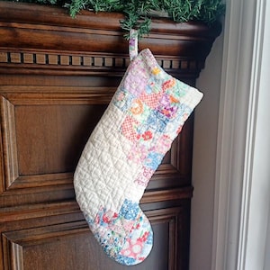 Quilted Christmas Stocking, Vintage Patchwork, 18 inch Holiday Decor